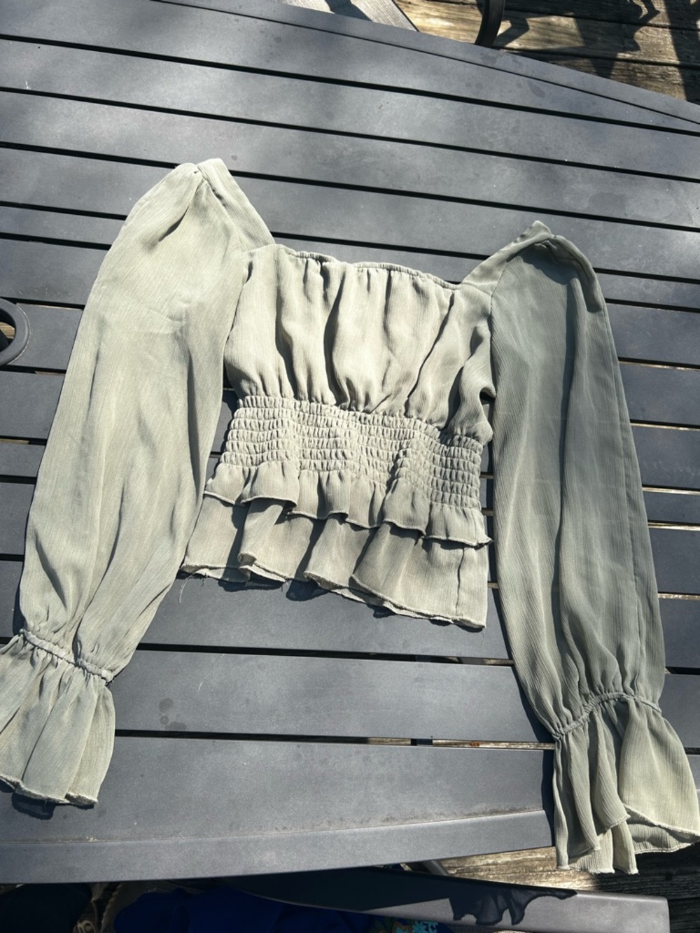 HYFVE Sage Green Smocked Peasant Blouse with Ruffle Hem